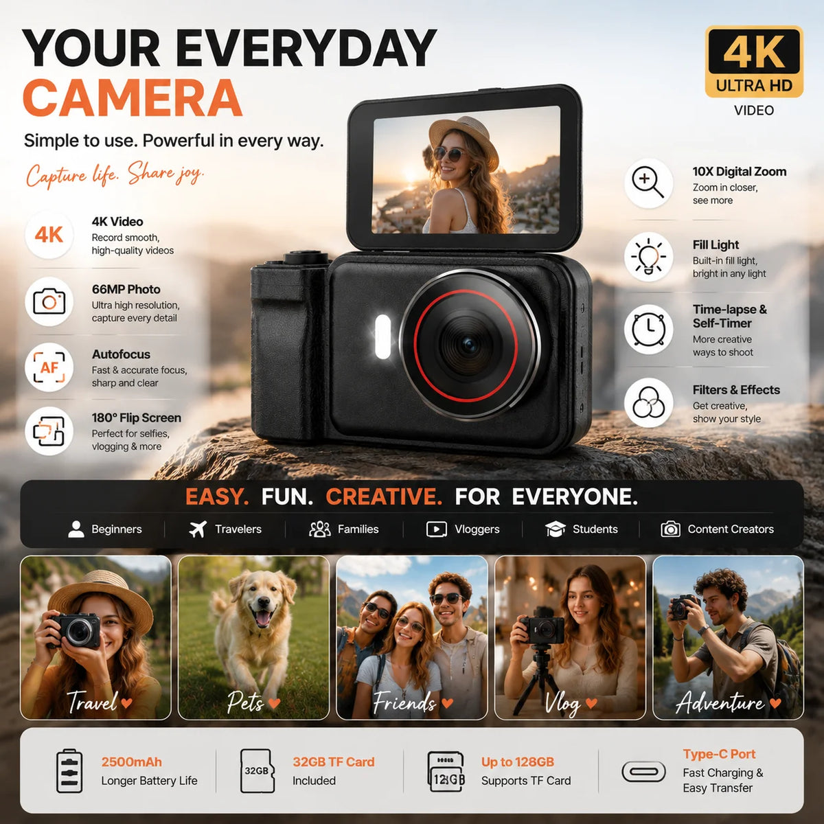 WO 4K Autofocus Digital Camera With Flip Screen For Travel