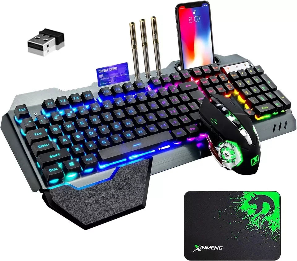 Wireless gaming Keyboard and Mouse Set Rainbow/RGB Backlit Rechargeable Keyboard and 7 Color Gaming Mute Mouse with Pad