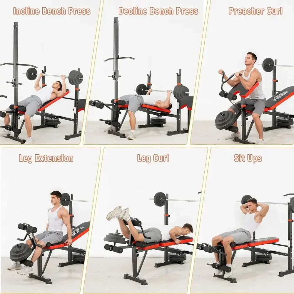 1500-Pound Capacity 8-in-1 Adjustable Weight Bench with Lat Pulldown, Leg Extension/Curl, Preacher Curl, and Squat Rack