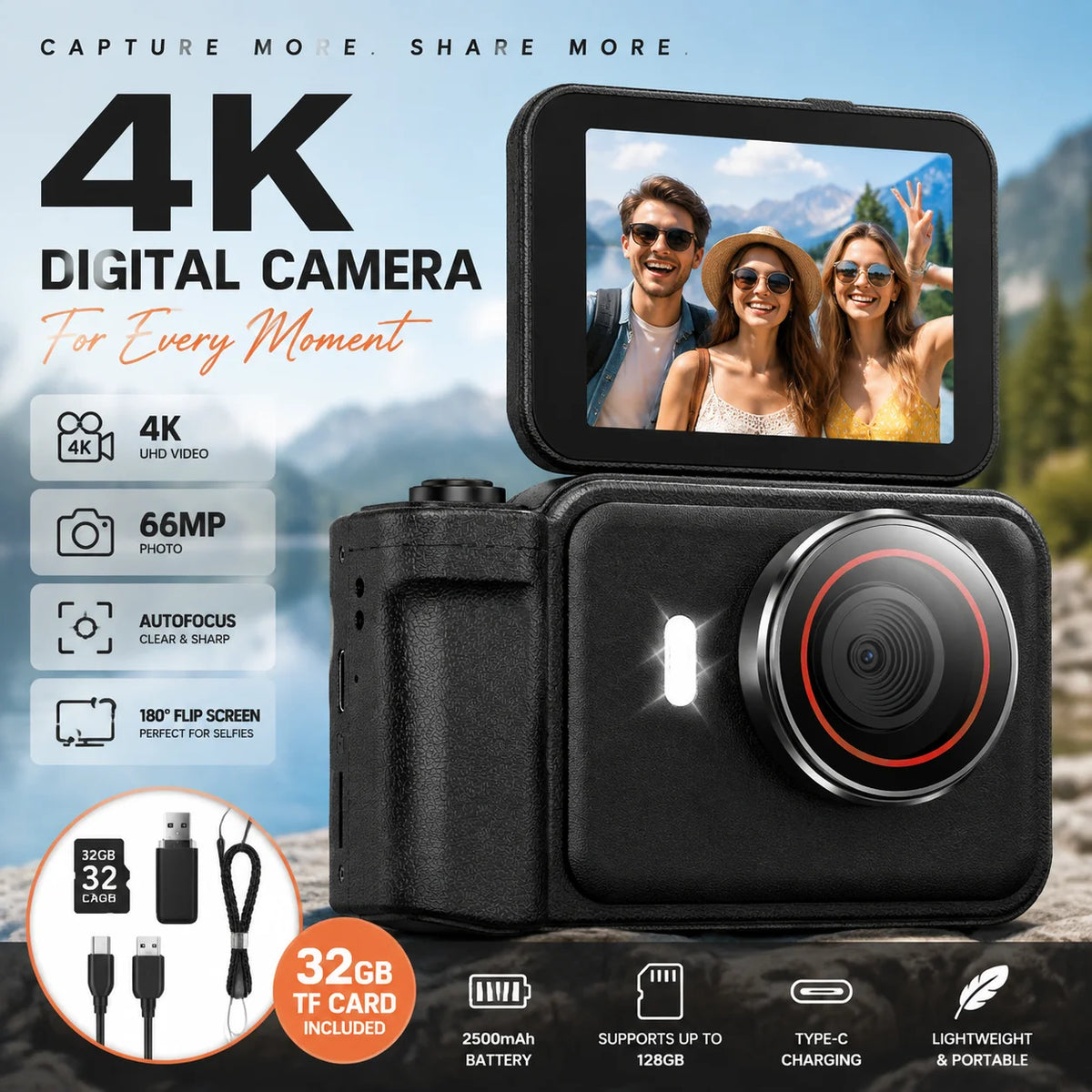 WO 4K Autofocus Digital Camera With Flip Screen For Travel
