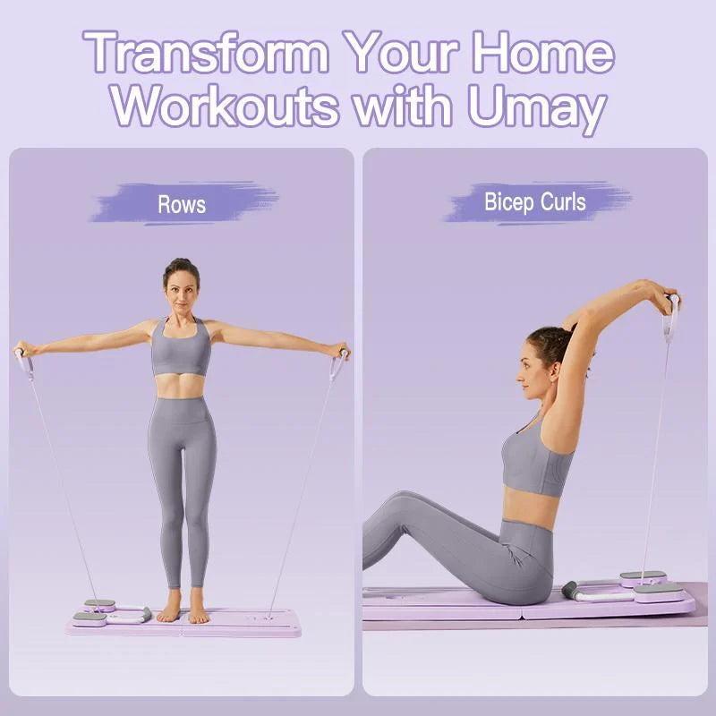 UMAY Multifunctional Pilates Board with Count Timer Foldable Abdominal Trainer with Yoga Mat Resistance Tubes Portable Full Body Workout Plate for Core Glute Back Exercise