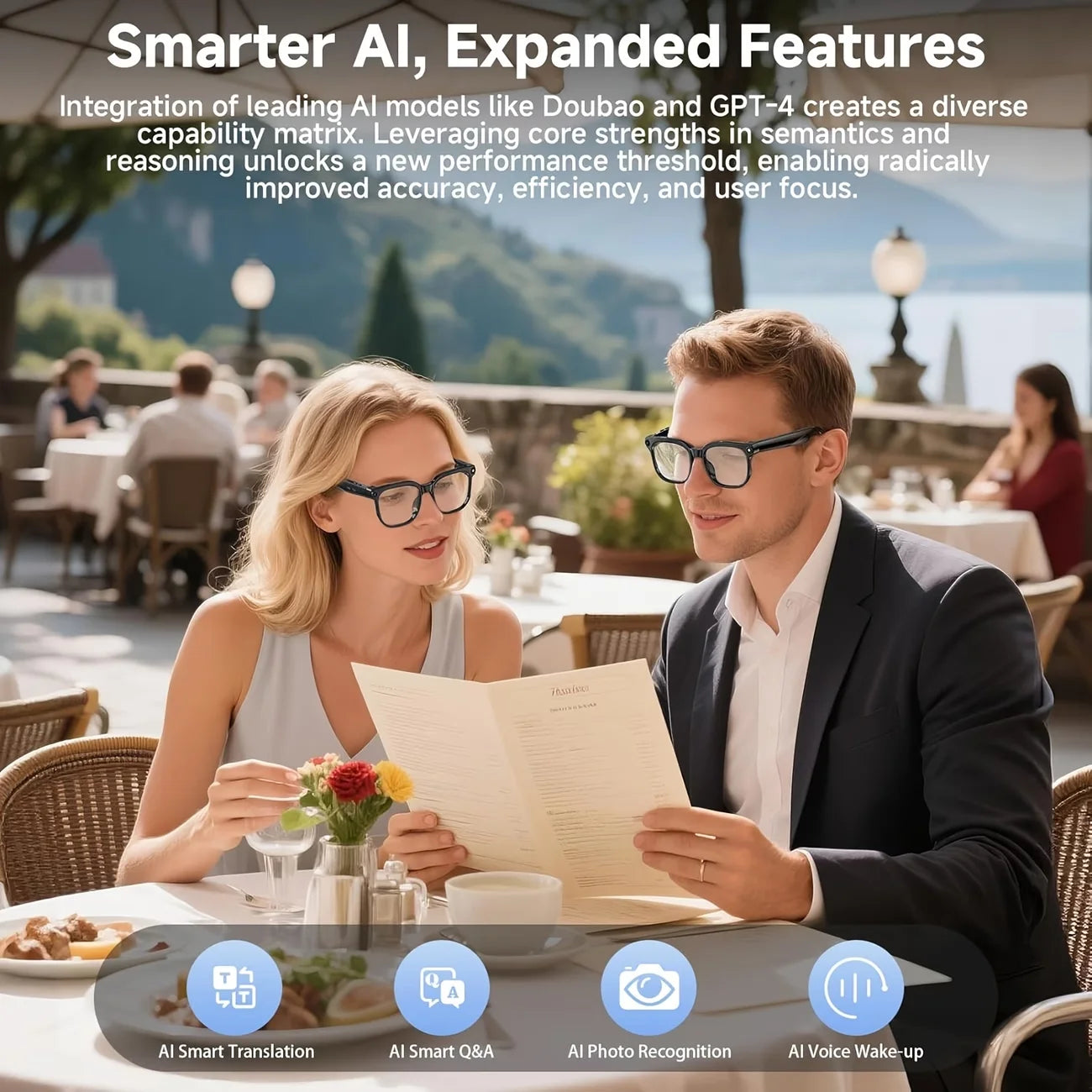 AI Smart Video Glasses, equipped with an 8-megapixel camera, supporting 4K HD video recording, wireless calling and music