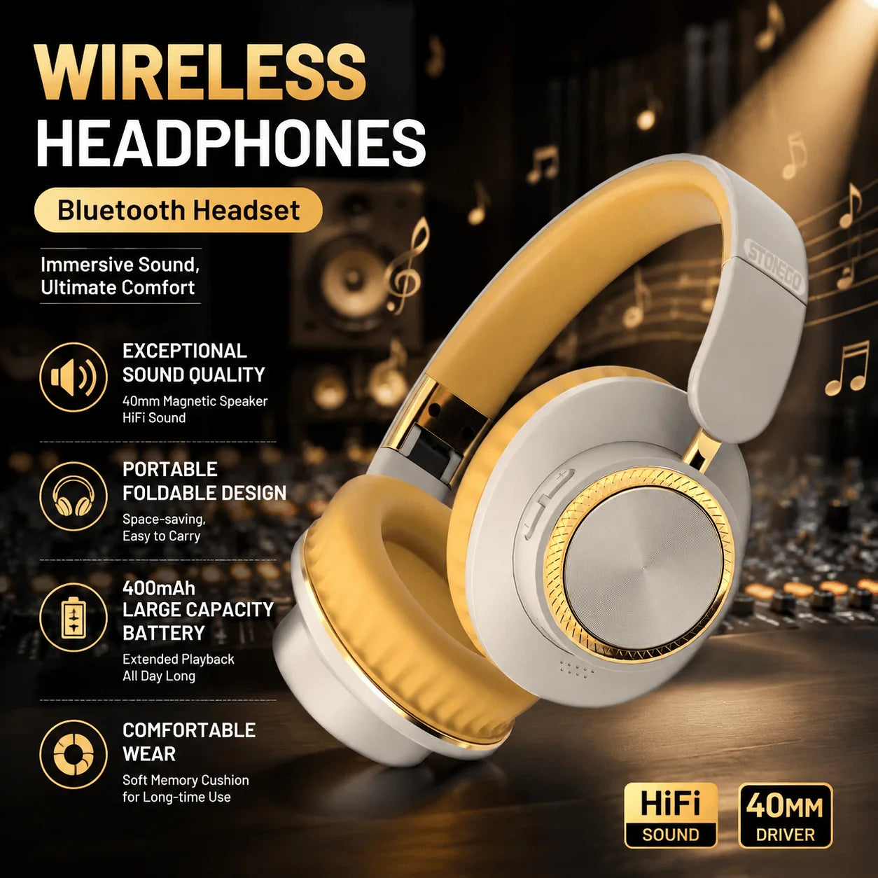 Foldable Wireless Bluetooth Headphones with 40mm Driver for Rich HiFi Sound and Heavy Bass Over Ear Gaming Headset with Built In Microphone and Wireless Calling for PC and Phone Suitable for Home Office Travel and Gaming