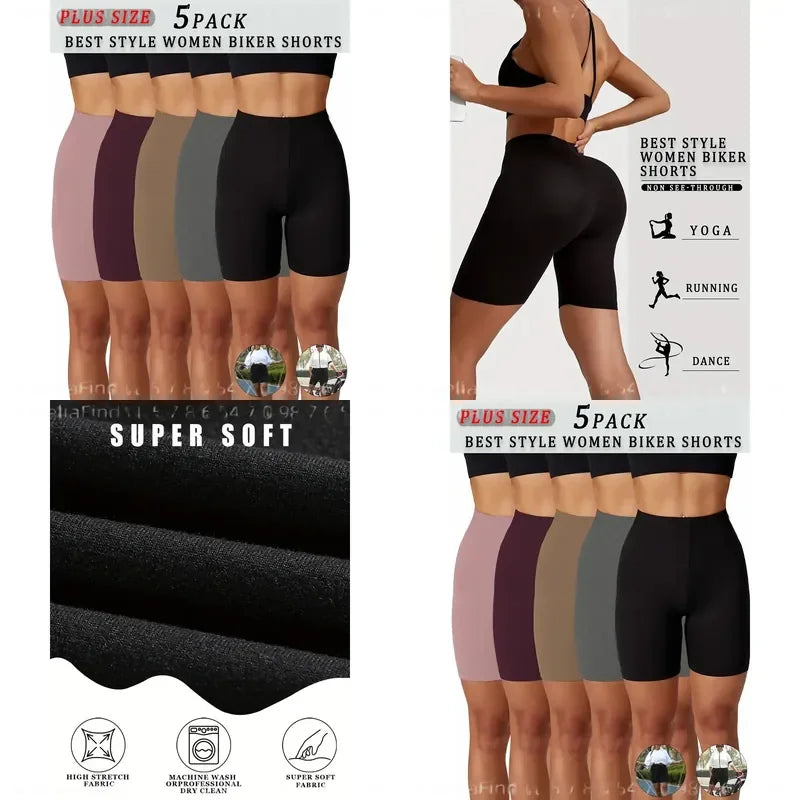 5 Pack Women Plus Size High Elasticity Biker Shorts 6 Inch Inseam Full Coverage Non Sheer Tight Fit Athletic Pants for