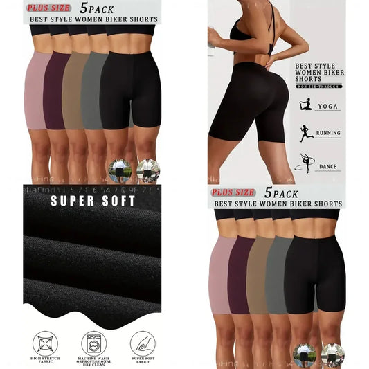 5 Pack Women Plus Size High Elasticity Biker Shorts 6 Inch Inseam Full Coverage Non Sheer Tight Fit Athletic Pants for