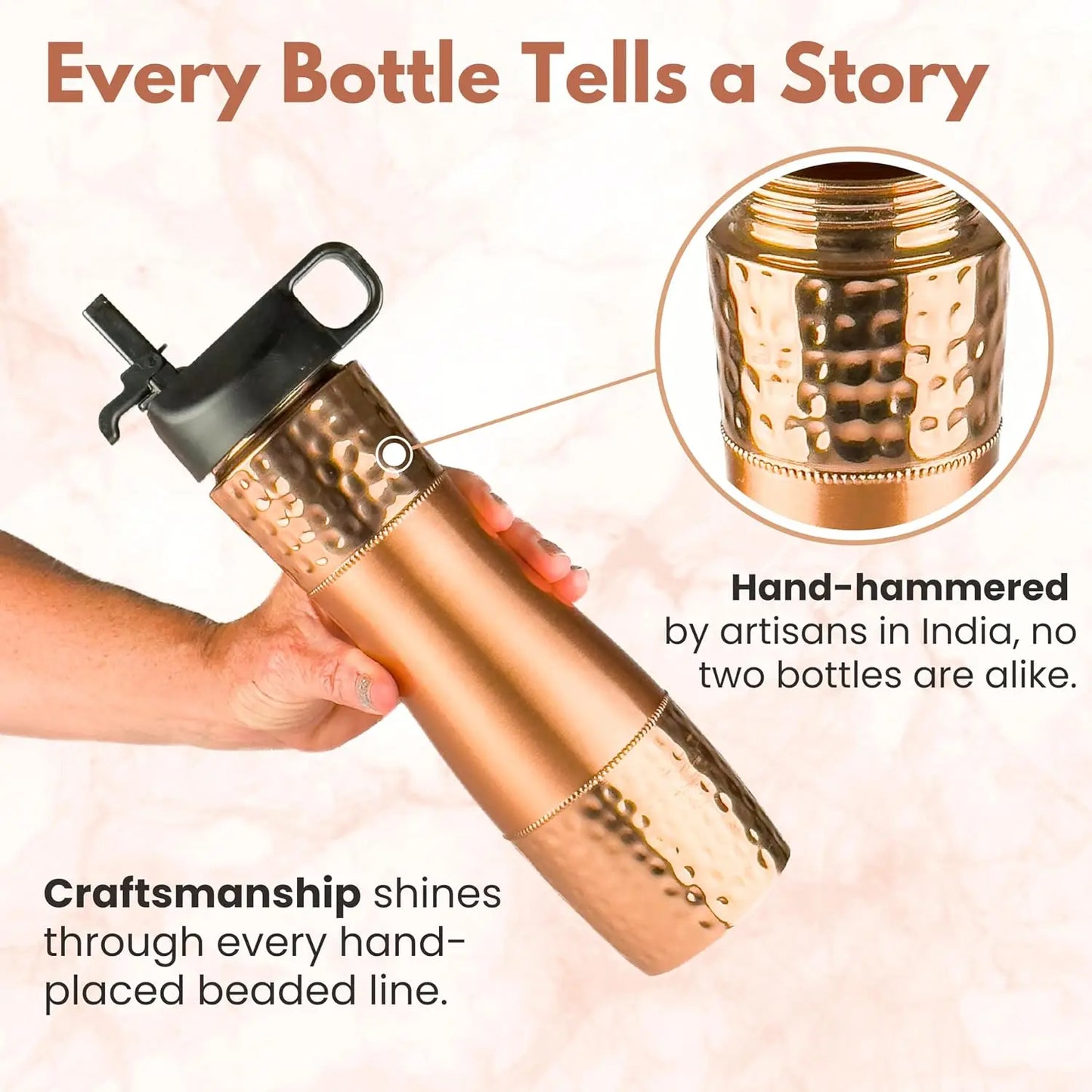 Copper Water Bottle with Straw and Sports Lid, 33.5oz (950ml), Leak-Proof Split Hammered Design Vessel for Daily Hydration, Ayur