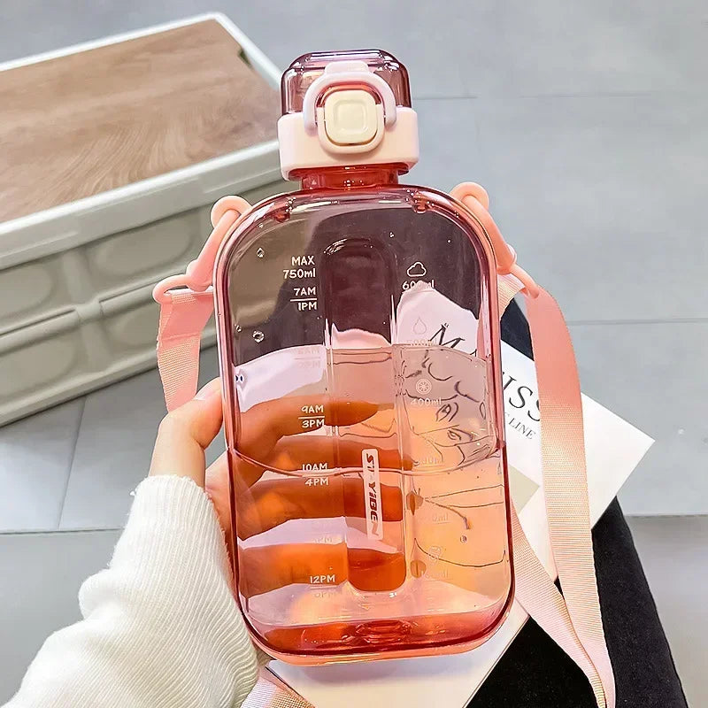Flat Square Transparent Water Bottle With Adjustable Strap For Travel