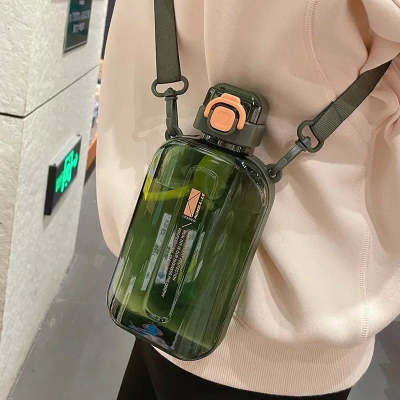 Flat Square Transparent Water Bottle With Adjustable Strap For Travel