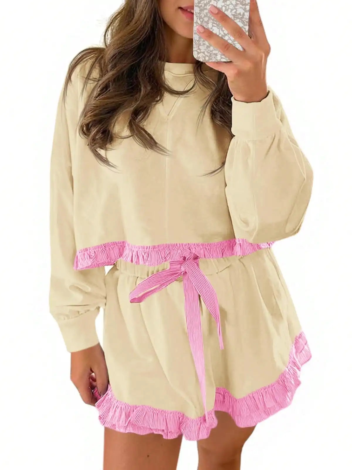 Fisoew Women's Y2K Aesthetic Lounge Set Prairie Chic Ruffle Trim Cropped Sweatshirt Drawstring Shorts