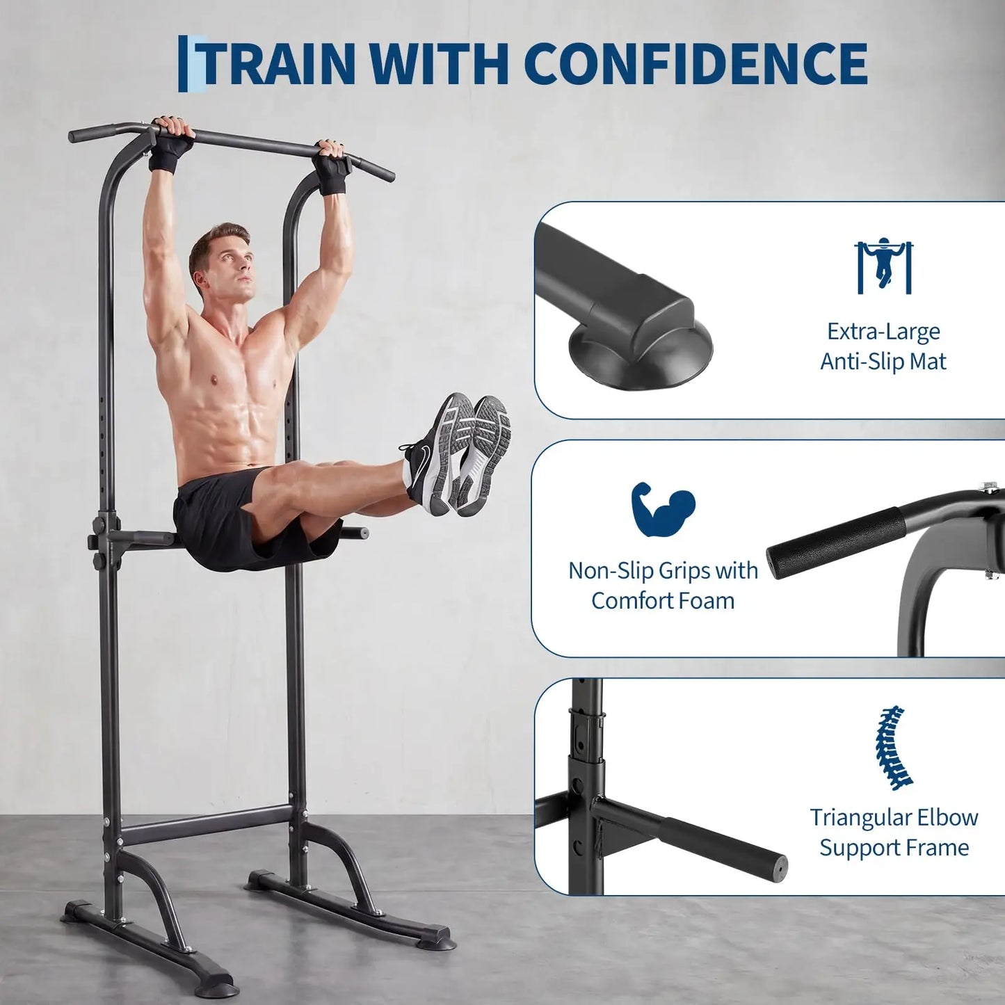 Multi-Function Power Tower Dip Station With Pull Up Bar, 10-Level Height Adjustable, 330LBS Steel Home Gym Equipment