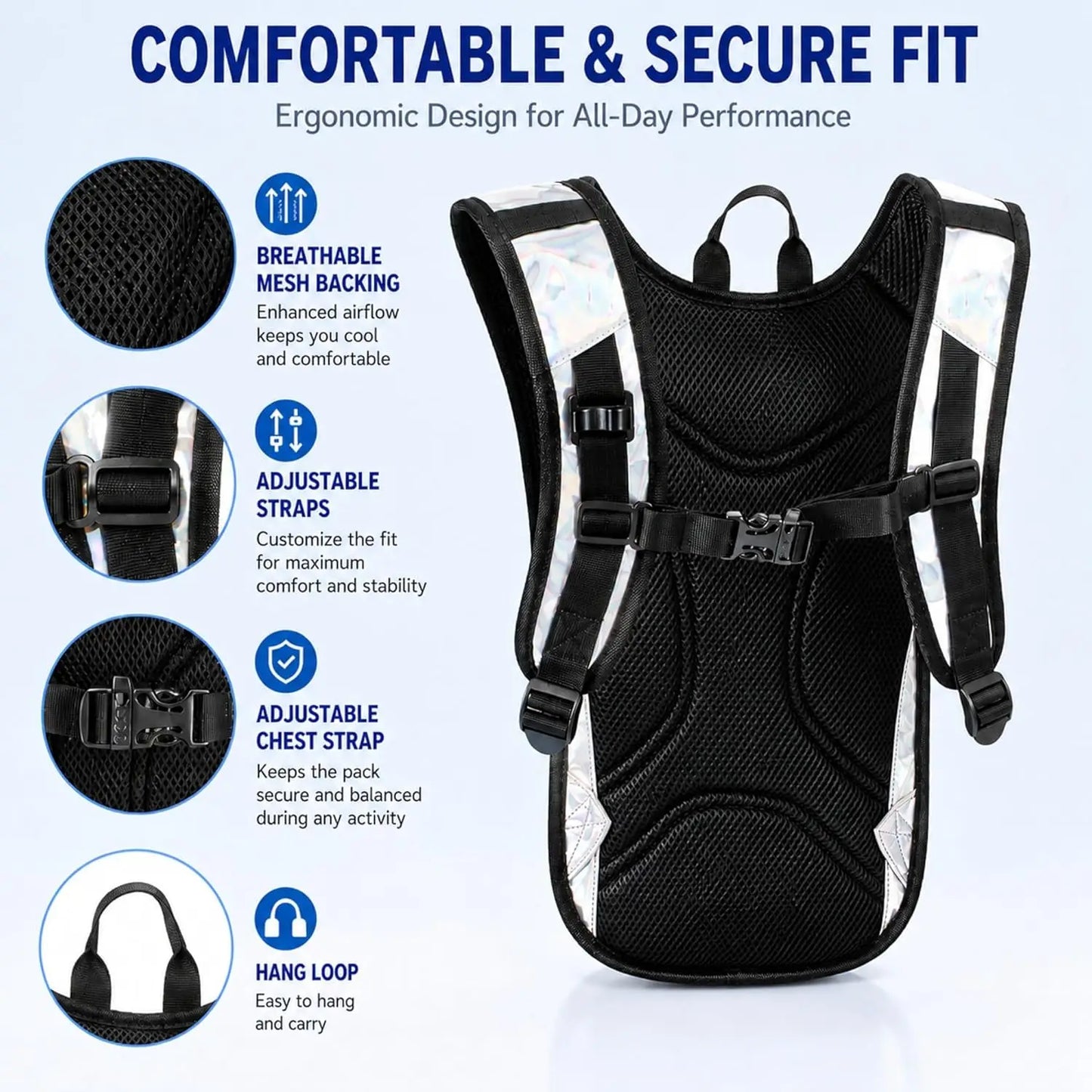 Reflective Hydration Backpack 2L Bladder For Hiking Running Cycling Festivals