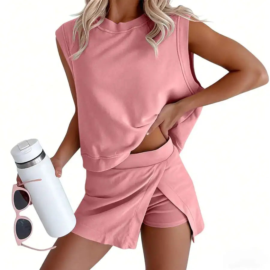 2 Piece Women Activewear Set Cotton Short Sleeve Top And Workout Shorts