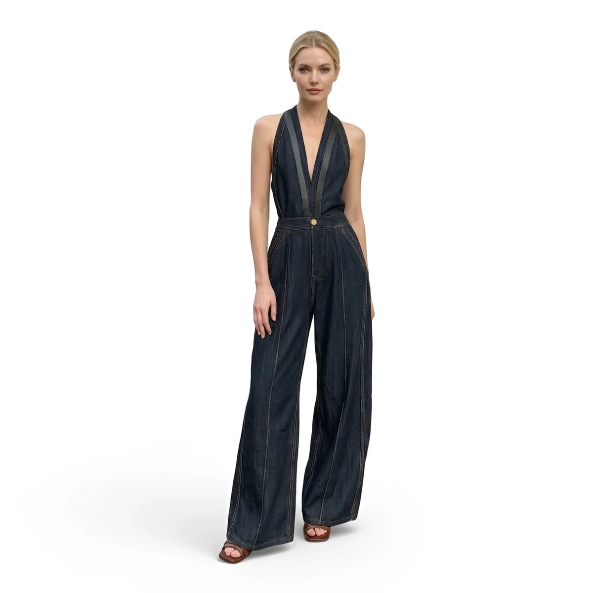 Women's Halter V Neck Sleeveless Jumpsuit Contrast Stitch Detail Front Button High Waist Wide Leg Pocket Casual Ladies Jumpsuit