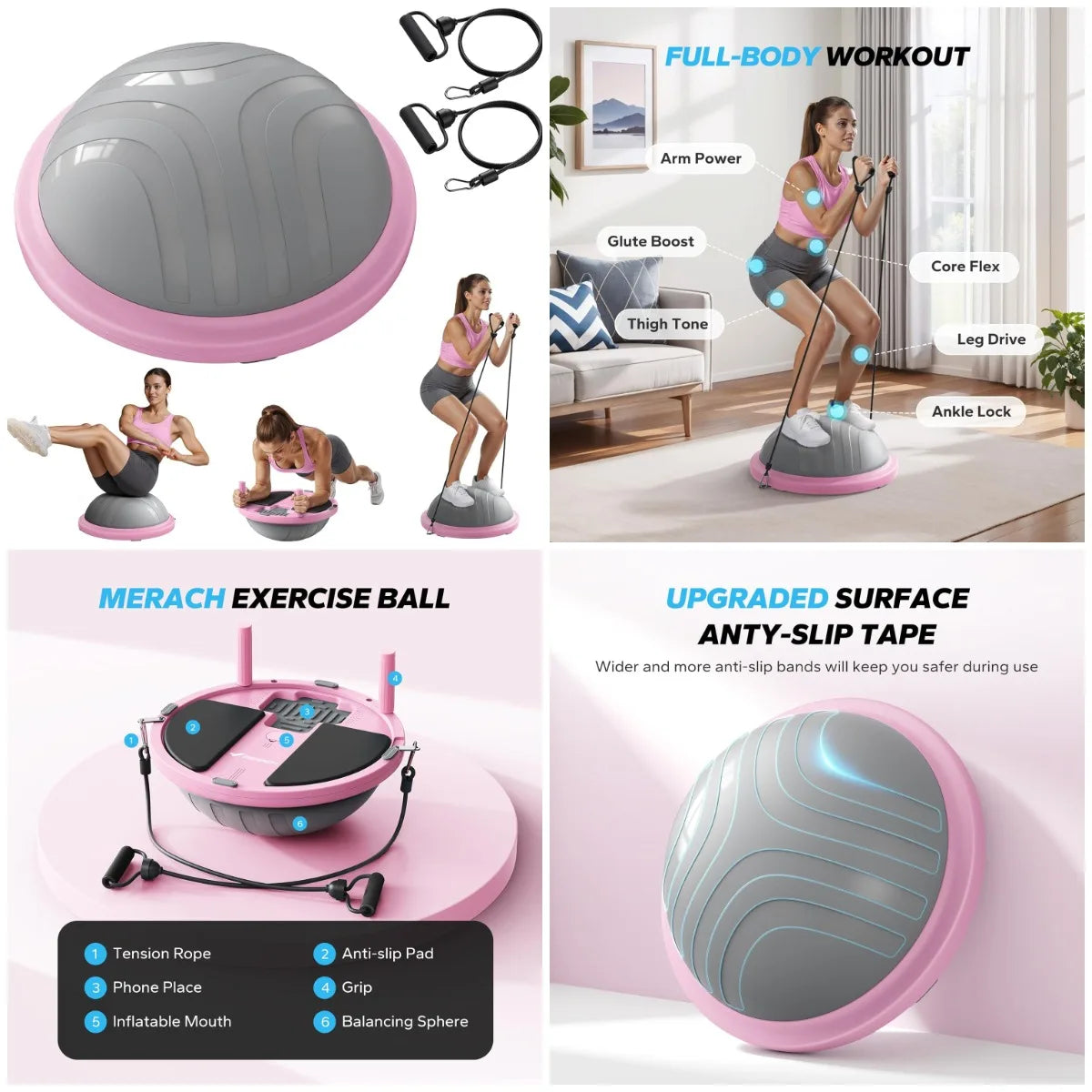 18 Inch Balance Ball Trainer with Resistance Bands And Foot Pump Half Exercise Ball Yoga Ball for Core Strength Training And Sta