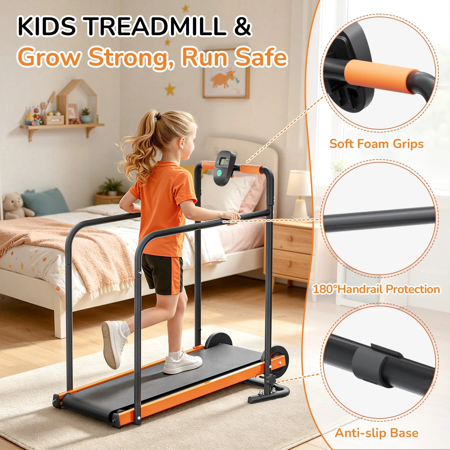AKLUER Kids Walking Pad Treadmill - Non-Electric Indoor Exercise Equipment for Boys & Girls, Self-Propelled Fitness Toy with Front Padded Rails, Safe Active Play Gym for Home Use