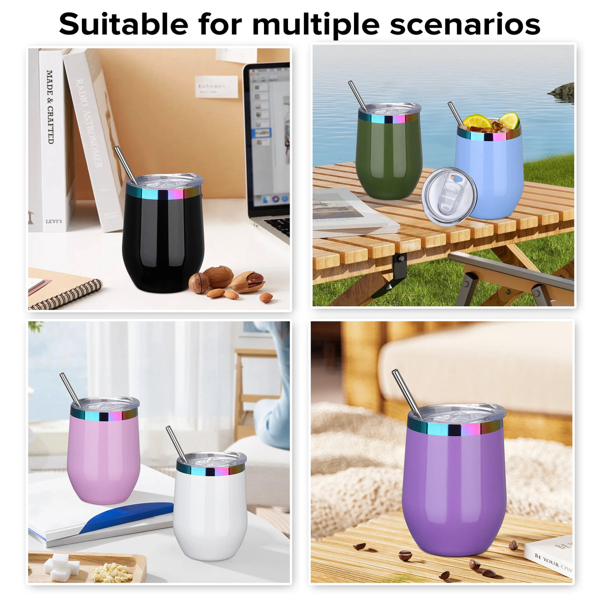 Fastsub Stainless Steel Vacuum Insulated Stemless Wine Glasses With Lids