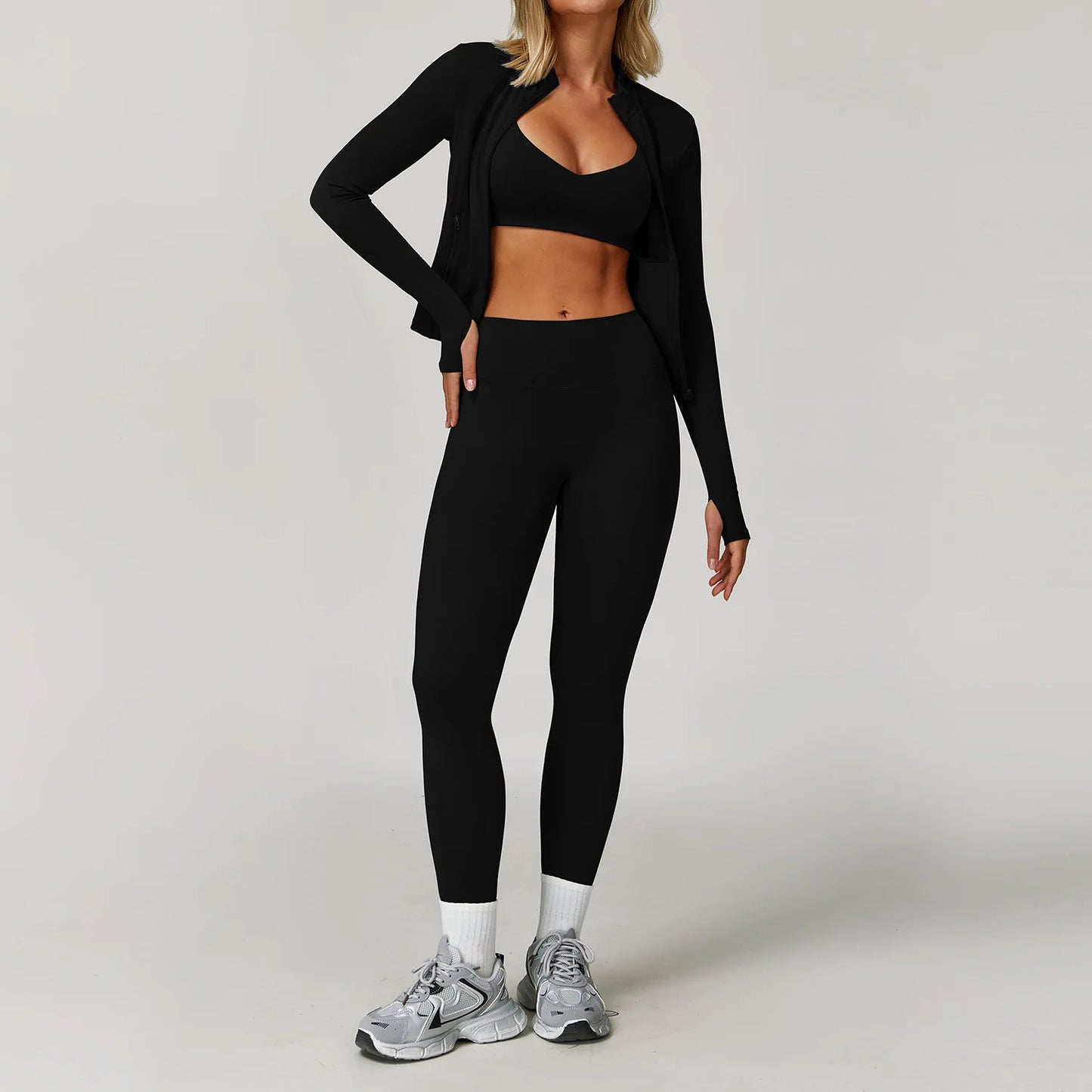 Womens Gym Set Yoga Wear Bra Jacket Leggings Shorts