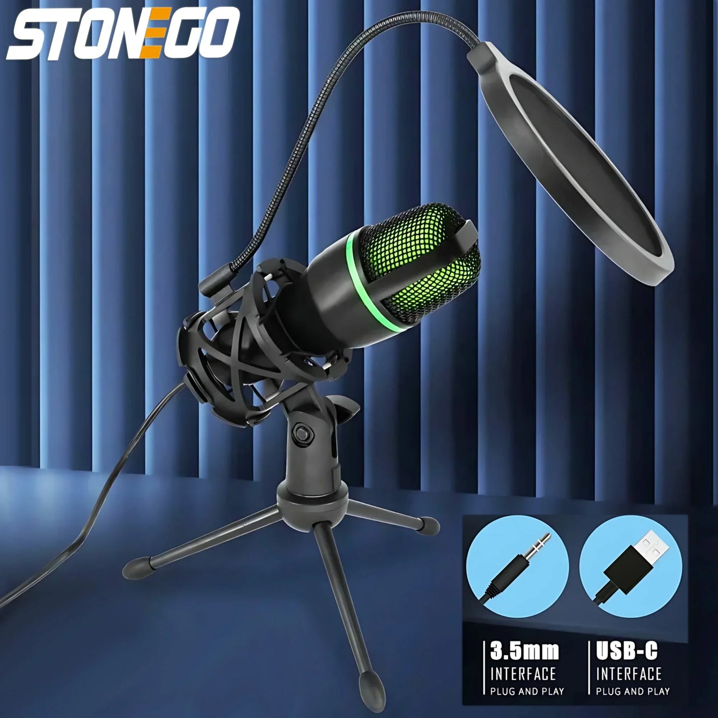 Professional Condenser Microphone Kit with Tripod Stand and RGB Lighting for Gaming and Streaming USB Microphone for YouTube Podcasts Video Studio Recording on PC Laptop Mac Desktop with Mute Button and Built in Voice Changer