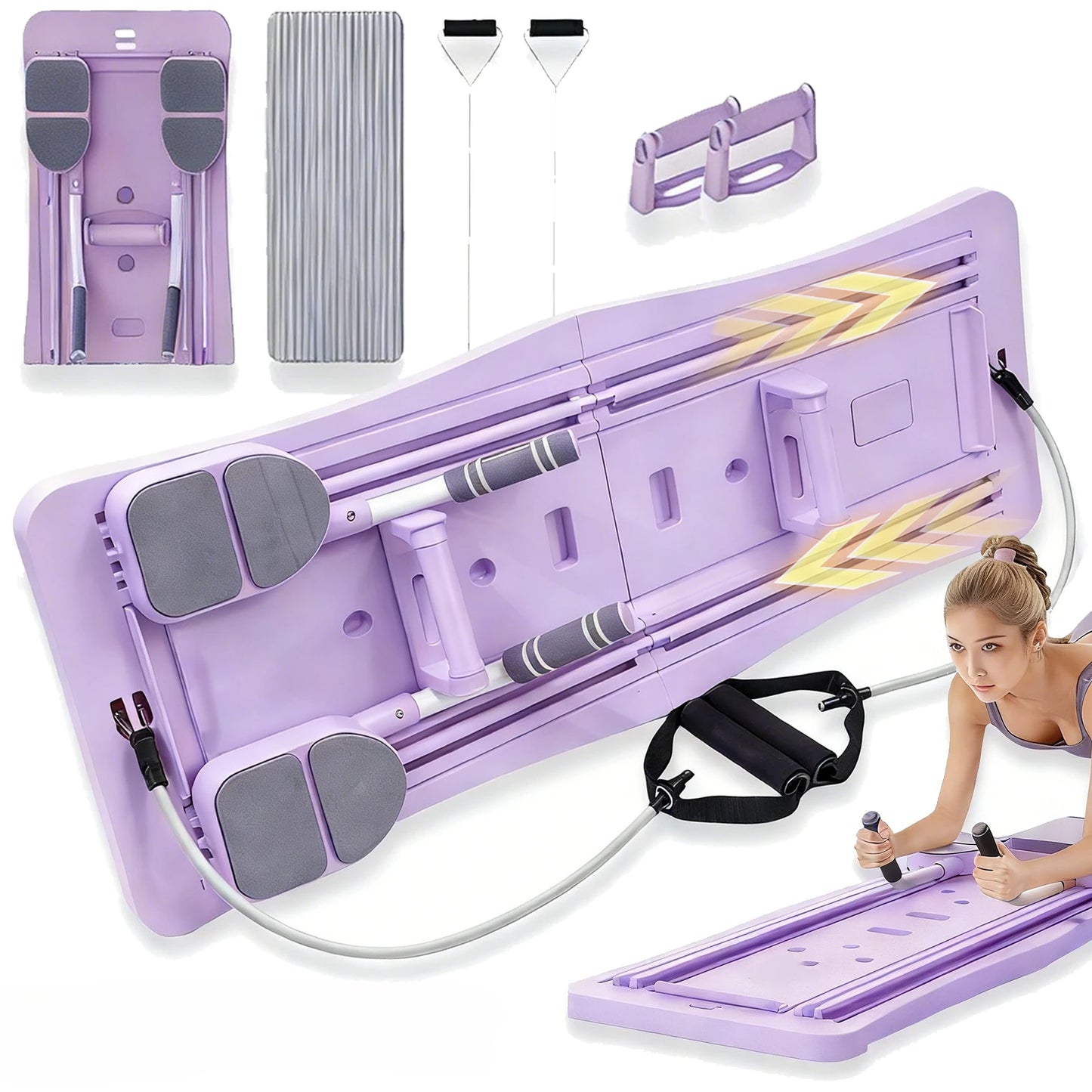 Pilates Sliding Board Foldable Fitness Reformer Platform Home Workout Equipment with Resistance Bands Abdominal Leg Training Machine Multifunctional Yoga Exercise Board Portable Full Body Workout Pilates Board