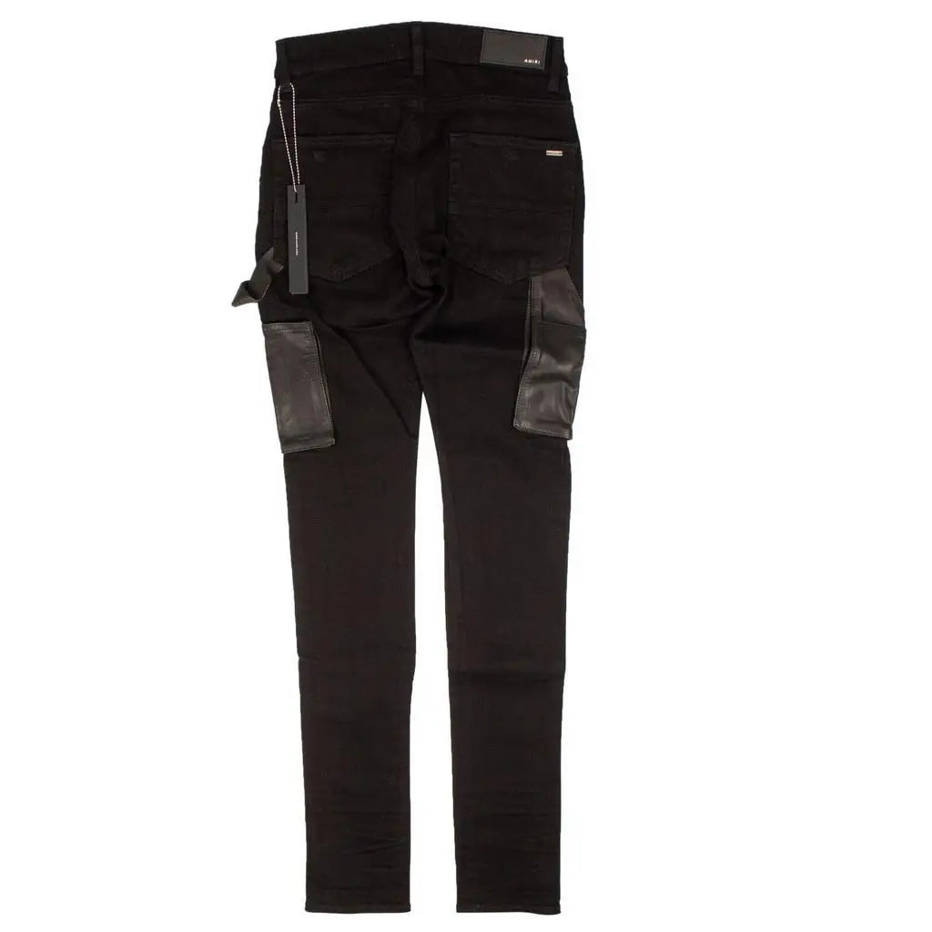 Amiri Men's Black Comfort Fit Breathable Sweatpants Sportswear Casual Active Wear Leather Trimmed