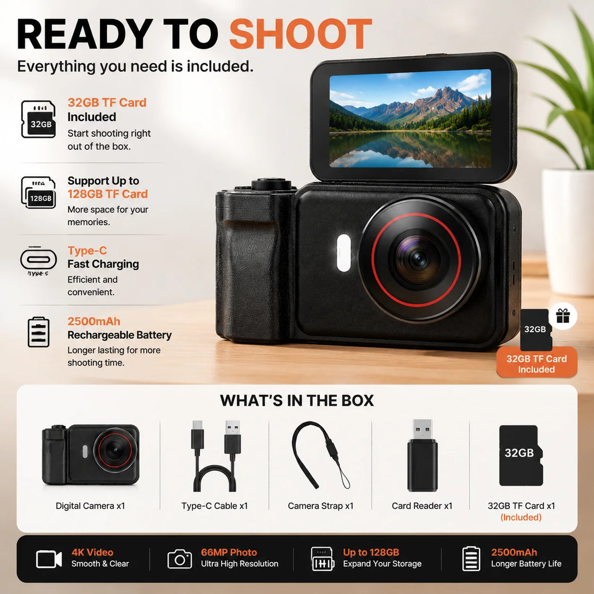 WO 4K Autofocus Digital Camera With Flip Screen For Travel