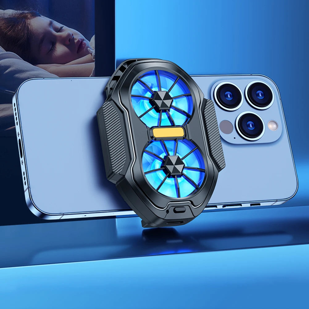 Dual Fan Mobile Phone Cooler Plug-in/Rechargeable Cell Phone Cooling Fan Type-C with Blue Light for Android Smartphones iPhone