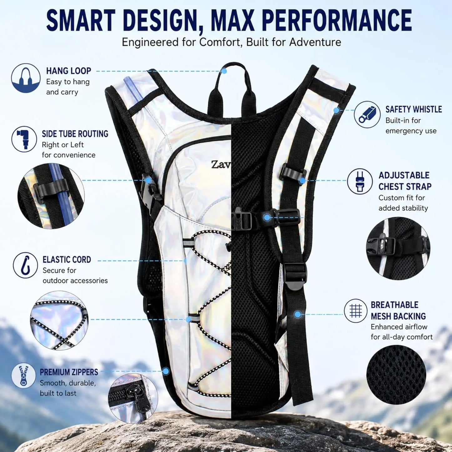 Reflective Hydration Backpack 2L Bladder For Hiking Running Cycling Festivals