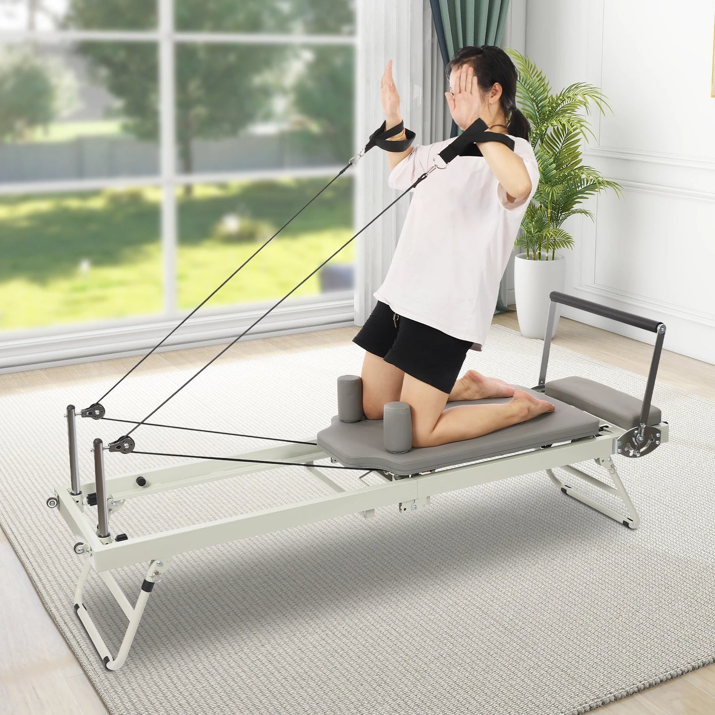 Foldable Pilates Reformer Machine Portable Fitness Equipment Multifunctional Yoga Fitness Equipment Pilates Exercise Equipment Grey/Black Use in Homes/Offices/Yoga Studios/Gyms