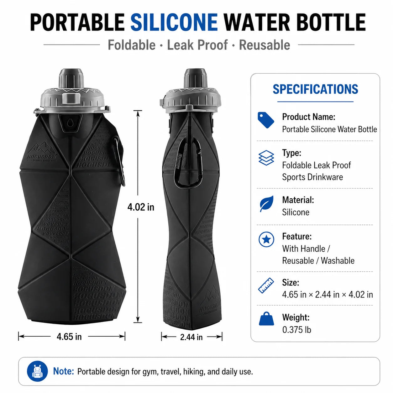 Foldable Silicone Water Bottle Leakproof Portable Sports Drinkware Reusable Camping Hiking Gym Travel Bottle with Handle