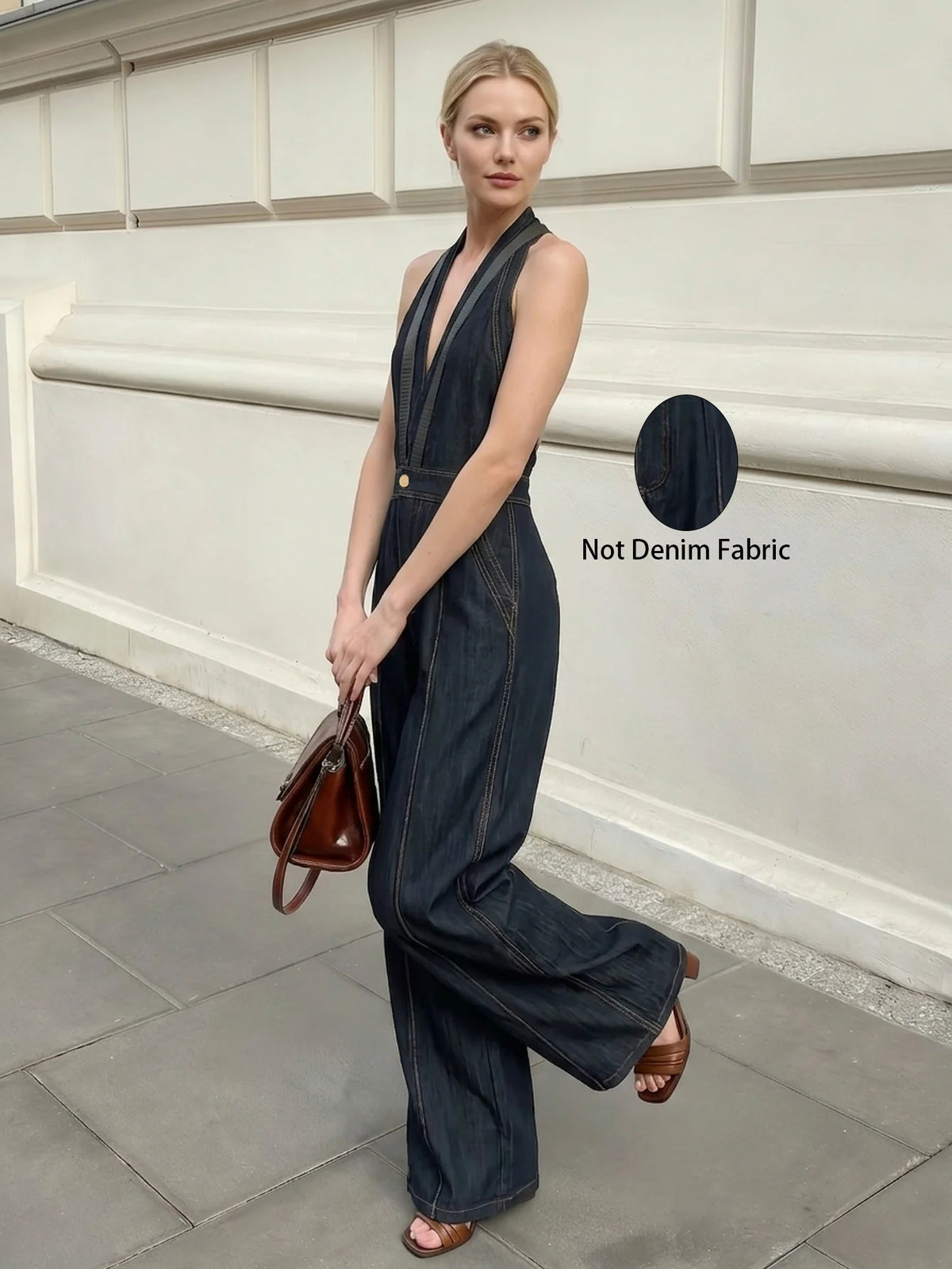Women's Halter V Neck Sleeveless Jumpsuit Contrast Stitch Detail Front Button High Waist Wide Leg Pocket Casual Ladies Jumpsuit