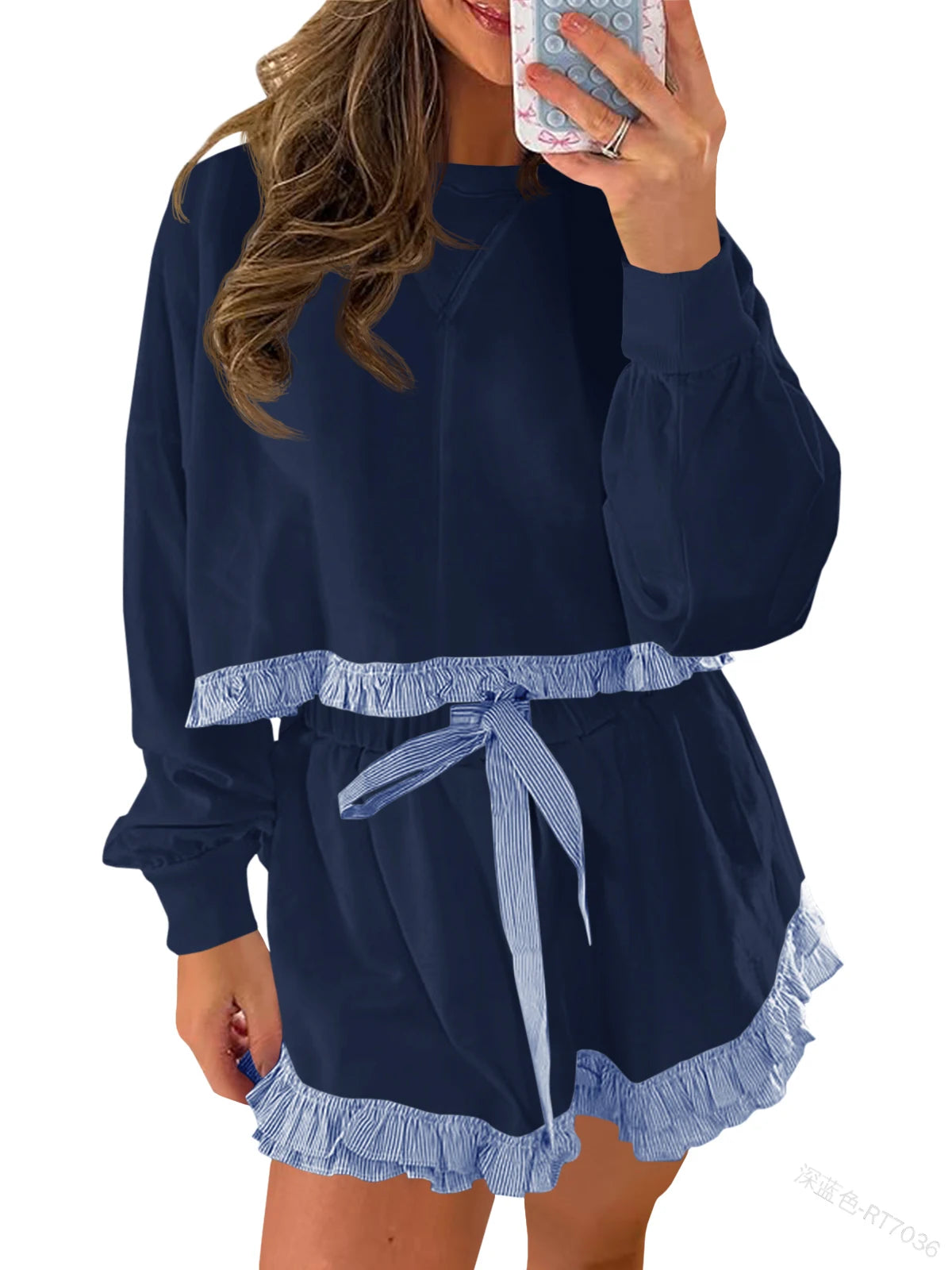 Fisoew Women's Y2K Aesthetic Lounge Set Prairie Chic Ruffle Trim Cropped Sweatshirt Drawstring Shorts