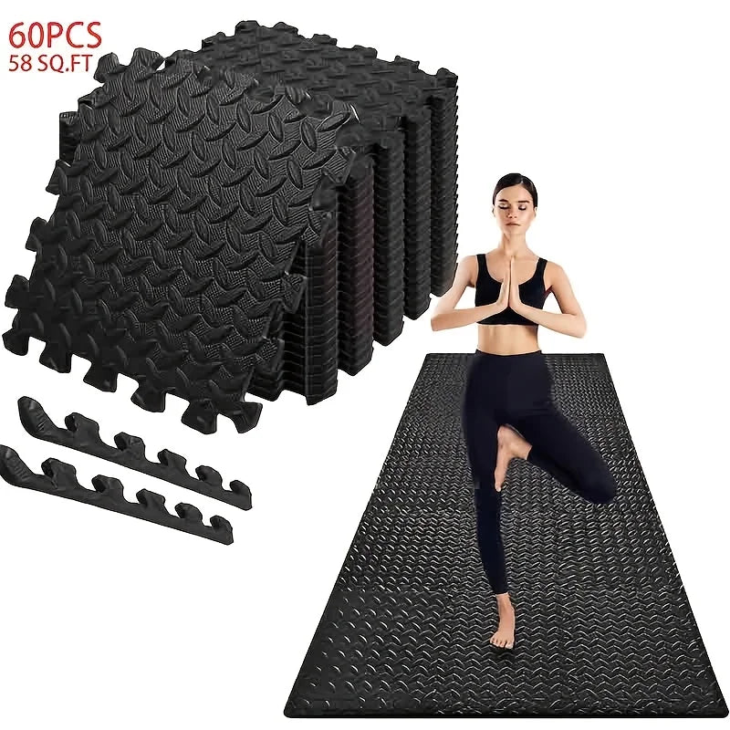 60pcs,11.8x11.8 Inch Interlocking EVA Foam Puzzle Floor Tiles, 1/2 Inch Thick Anti-Slip Shock Absorbing Gym Exercise Mats, Waterproof Noise Reduction Floor Padding with Border Strips for Home Gym Yoga Treadmill Garage Worksho
