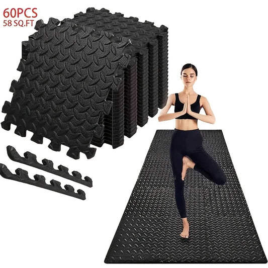 60pcs,11.8x11.8 Inch Interlocking EVA Foam Puzzle Floor Tiles, 1/2 Inch Thick Anti-Slip Shock Absorbing Gym Exercise Mats, Waterproof Noise Reduction Floor Padding with Border Strips for Home Gym Yoga Treadmill Garage Worksho