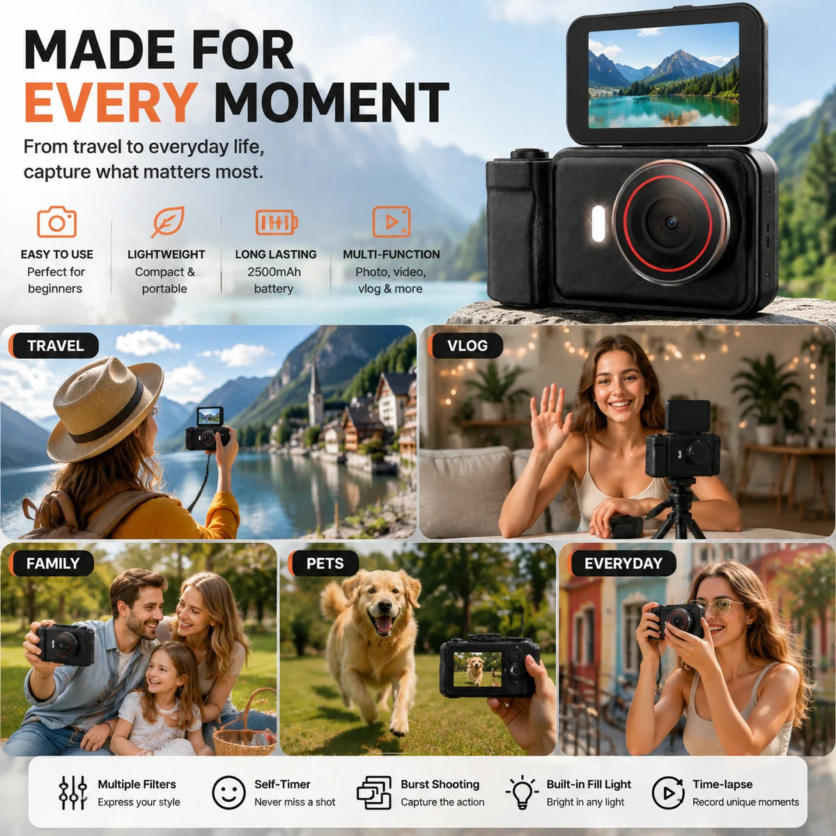WO 4K Autofocus Digital Camera With Flip Screen For Travel