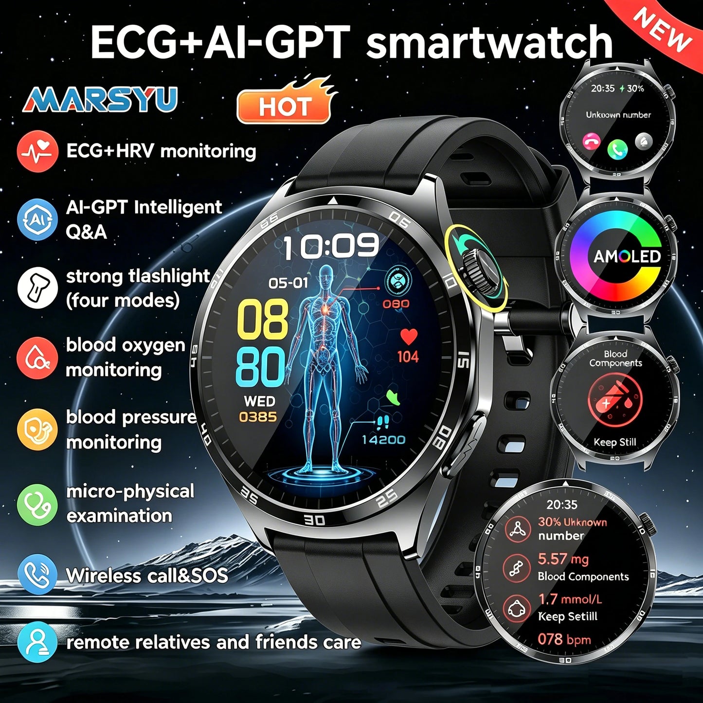 Marsyu ECG PPG HRV Oxygen Health Smartwatch With Lipid And Uric Acid Monitoring