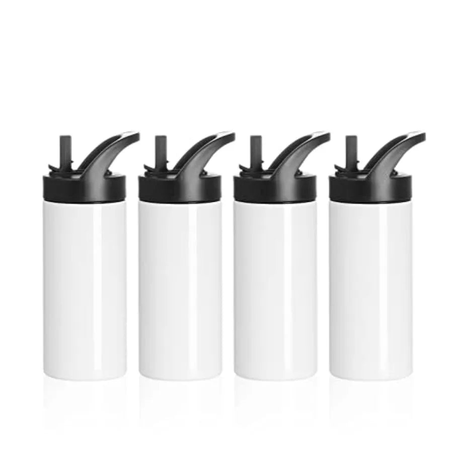 4 Pack Sublimation Sports Water Bottle Blanks 16 OZ White Stainless Steel Vacuum Flask Tumblers Cups with Sippy Up Lid and Stra