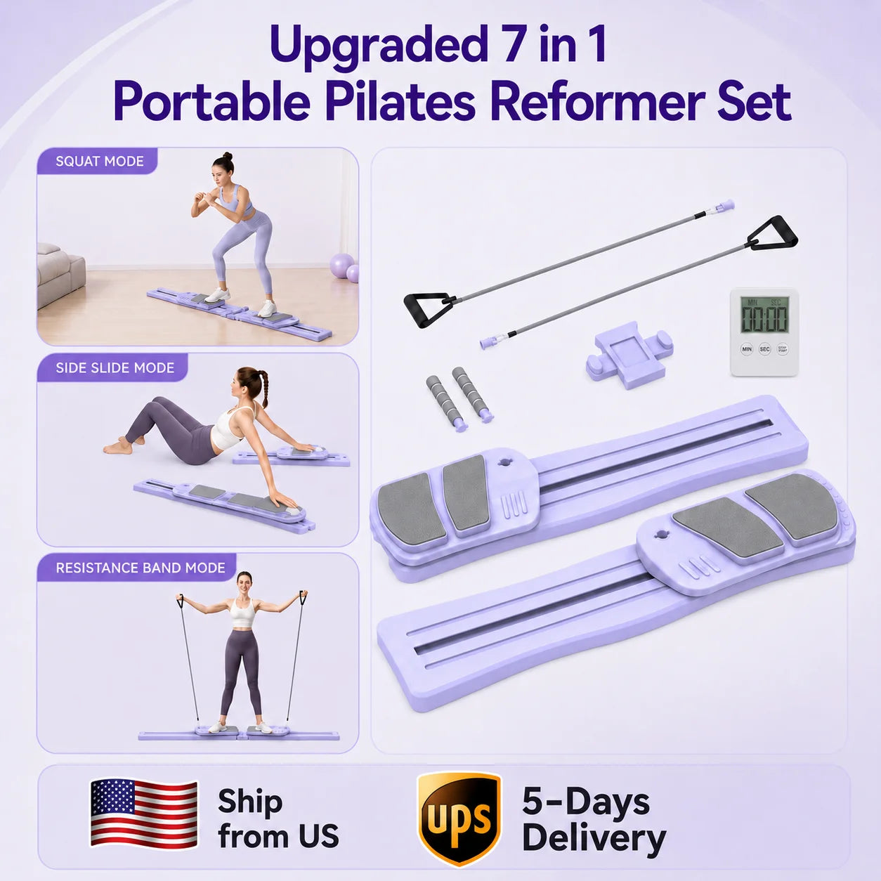 Pilates Board for Home Workout - Upgraded 7 in 1 Portable Pilates Reformer Set, Multifunctional Ab Trainer with Resistance Bands