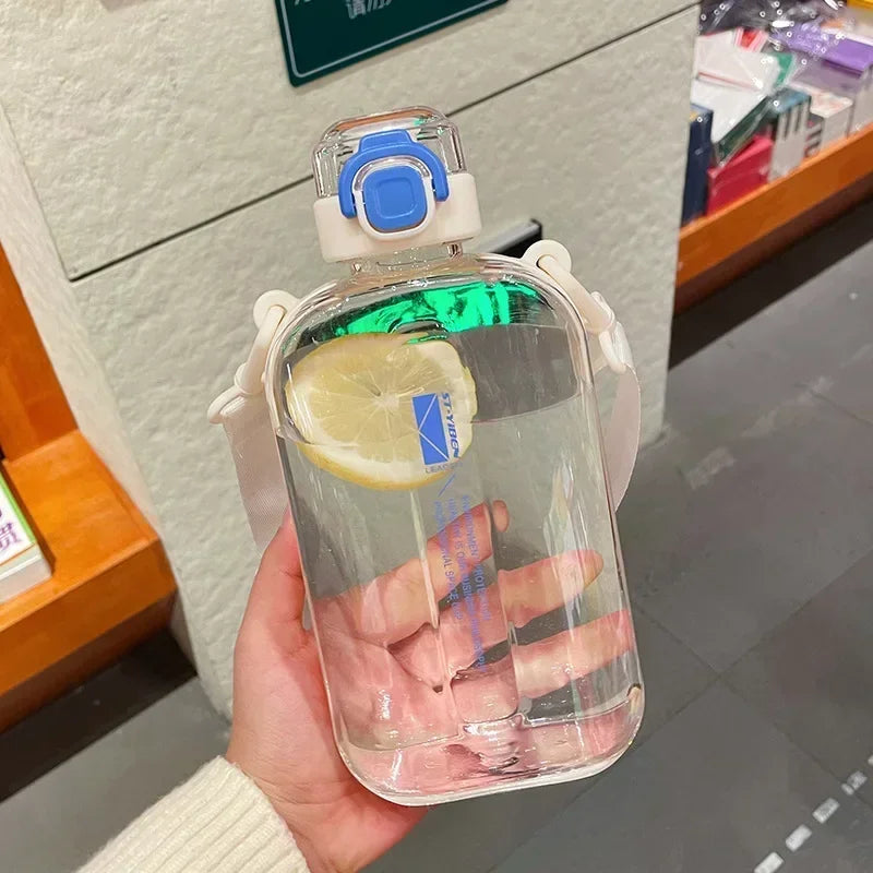 Flat Square Transparent Water Bottle With Adjustable Strap For Travel