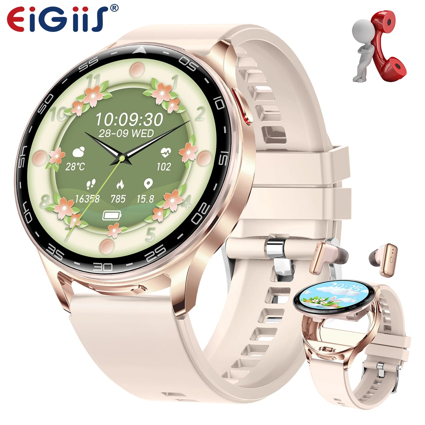 EIGIIS 2-in-1 Smart Watch With Hidden Earbuds For Women