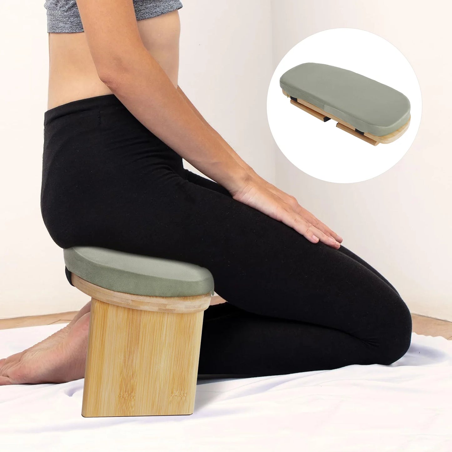 Kneeling Chair, Foldable Meditation Bench, Wooden Ergonomic Yoga Seat, Soft Cushion, 5 Degree Forward Tilt, Heavy Duty Structure Supports 397lbs, Home Fitness, Mindfulness, Prayer, Zen Sitting, Easy Storage, Anti-Fatigue Gree