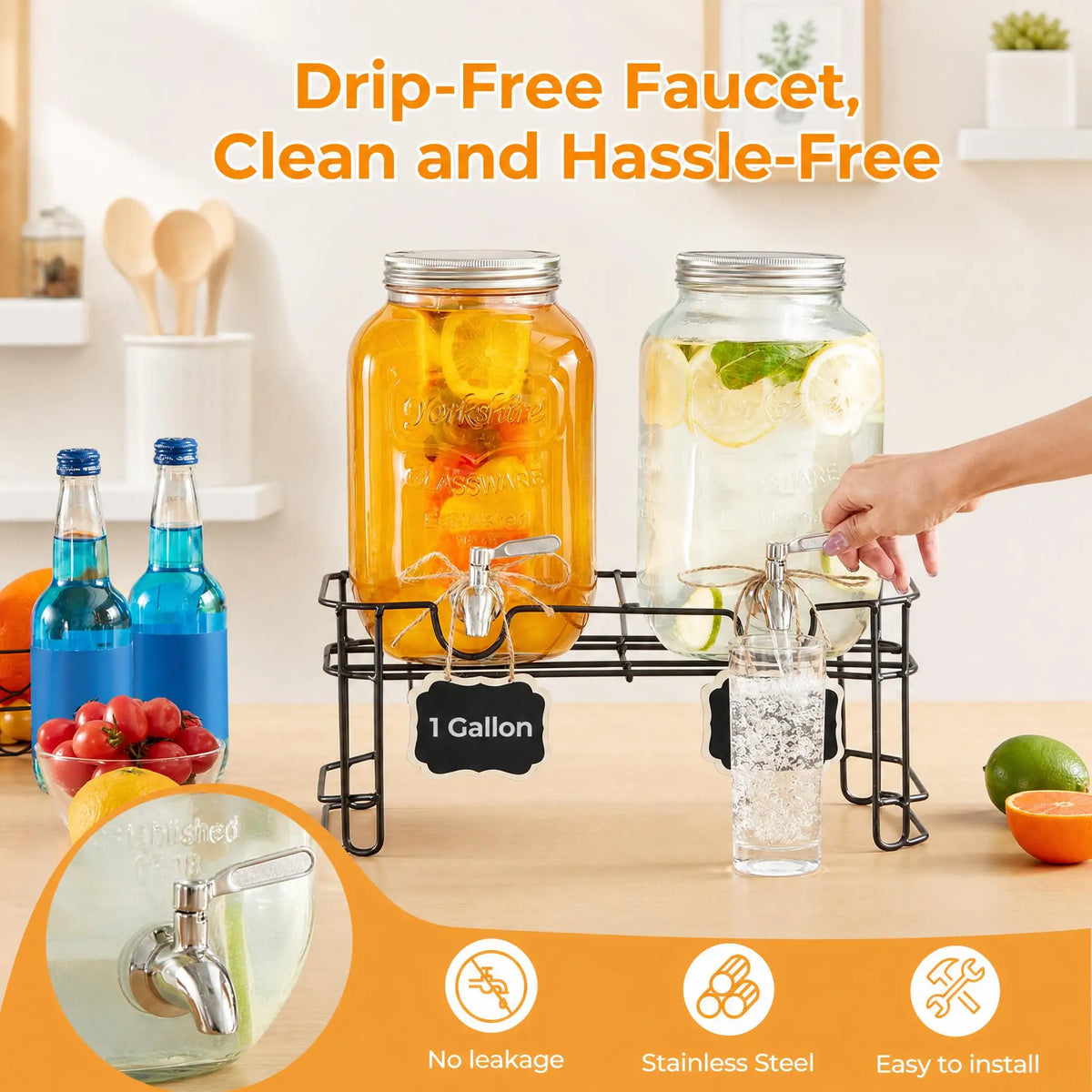 Glass Beverage Dispenser Set With Stainless Steel Spigot And Stand