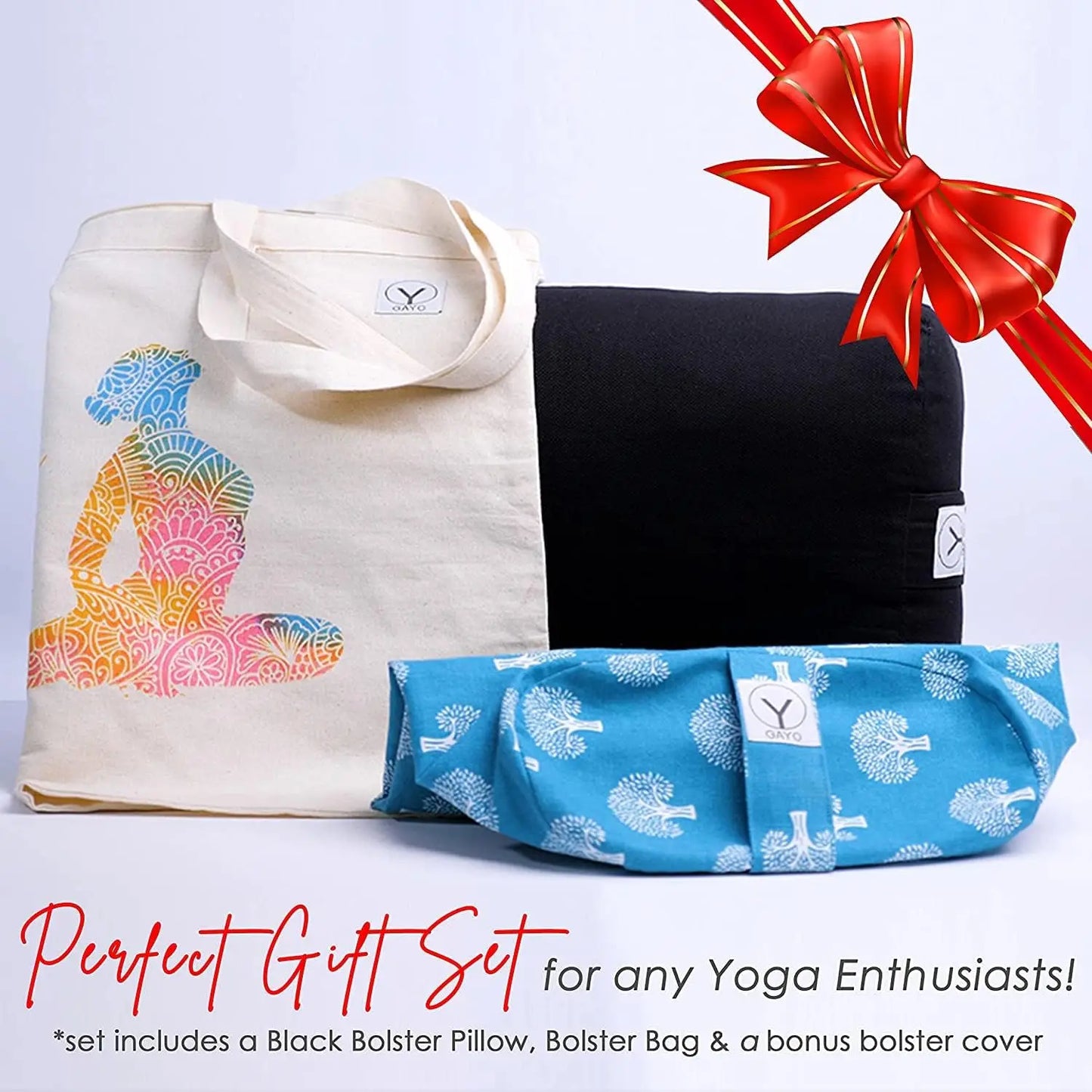 Yoga Bolster - Made with 100% Cotton, Yoga Pillow Set Includes Extra Washable Cover and Carry Bag
