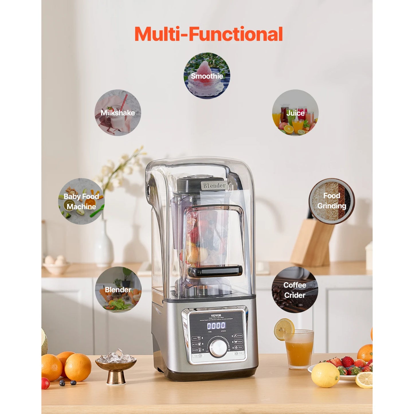 Succebuy 1400W Blender for Smoothies Multi-Functional Food Processing Blender&Noise Cover for Kitchen