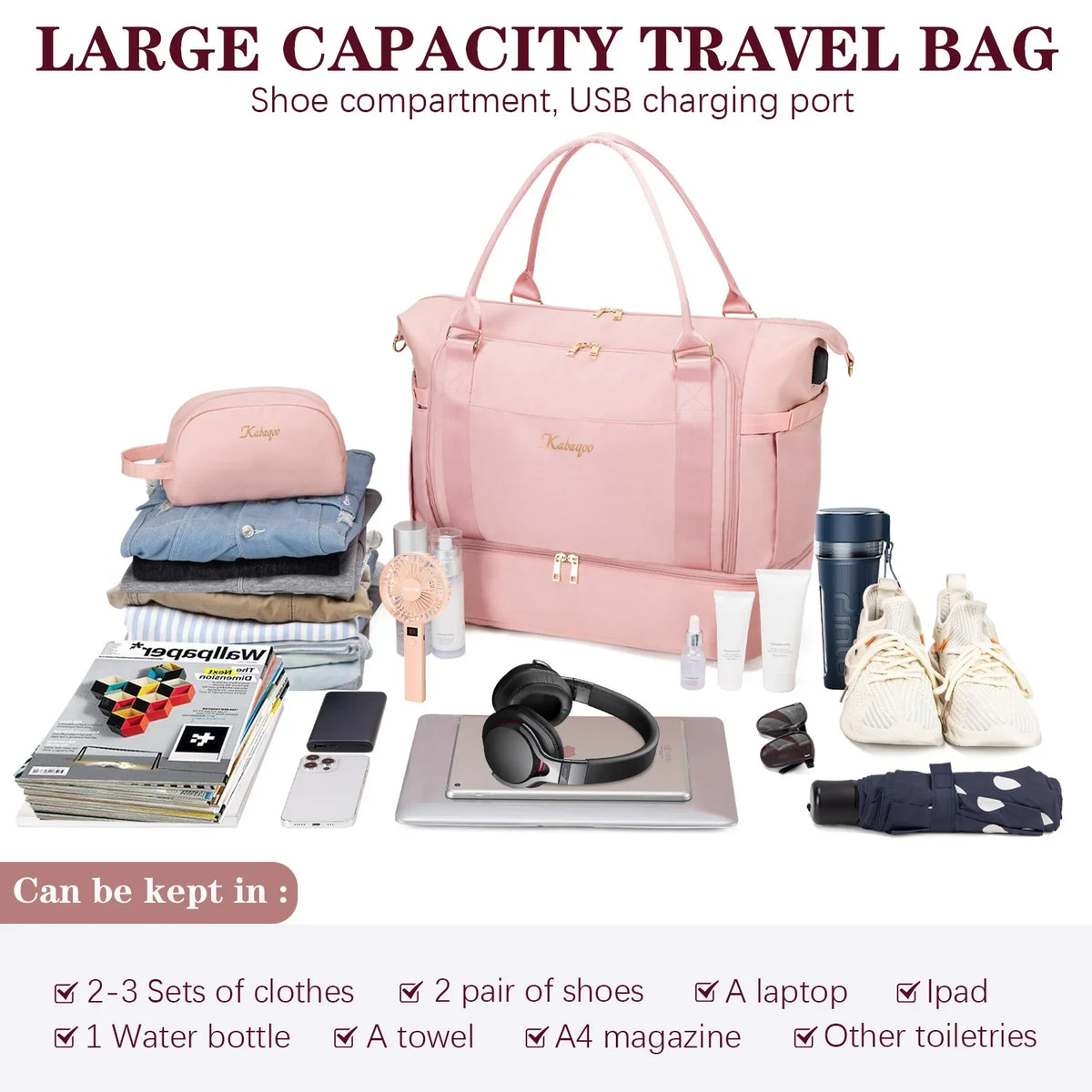 Kabaqoo Waterproof Sports Travel Bag With Dry Wet Separation