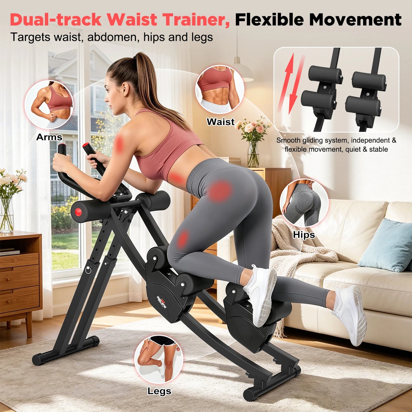 Relife Sports Dual Split‑Track Ab Machine, Foldable Core Trainer for Home Fitness, 5‑Level Adjustable Resistance Workout Equipment, 440 LBS Capacity with LCD Display