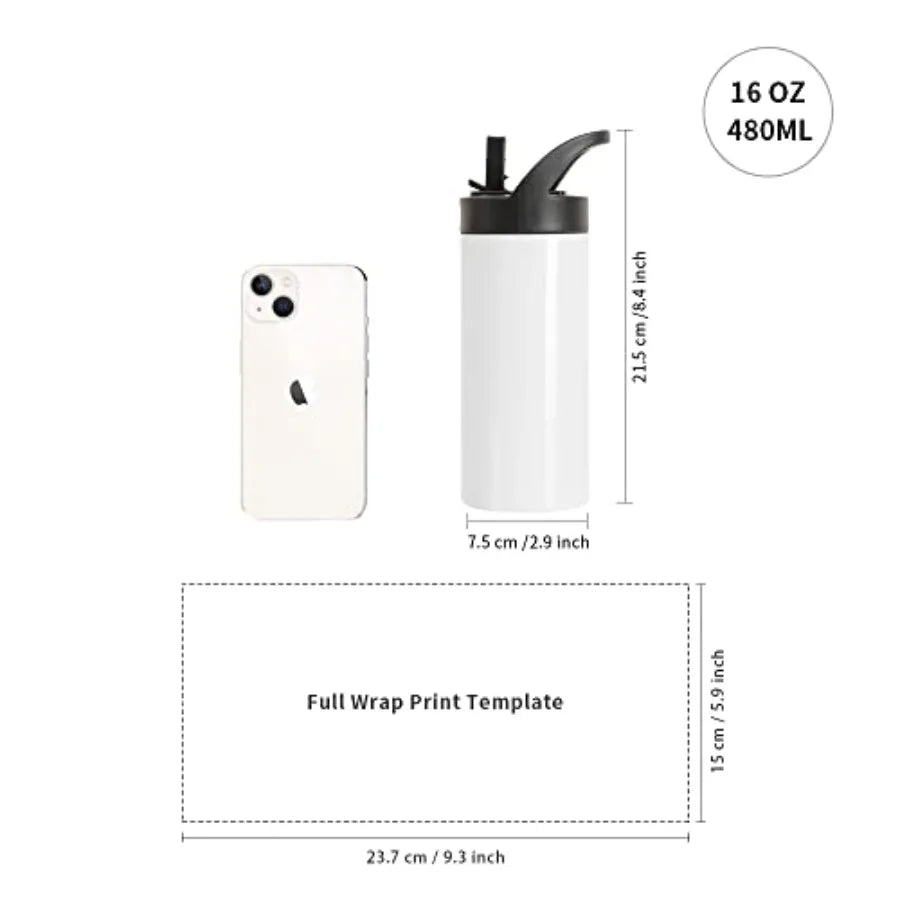 4 Pack Sublimation Sports Water Bottle Blanks 16 OZ White Stainless Steel Vacuum Flask Tumblers Cups with Sippy Up Lid and Stra