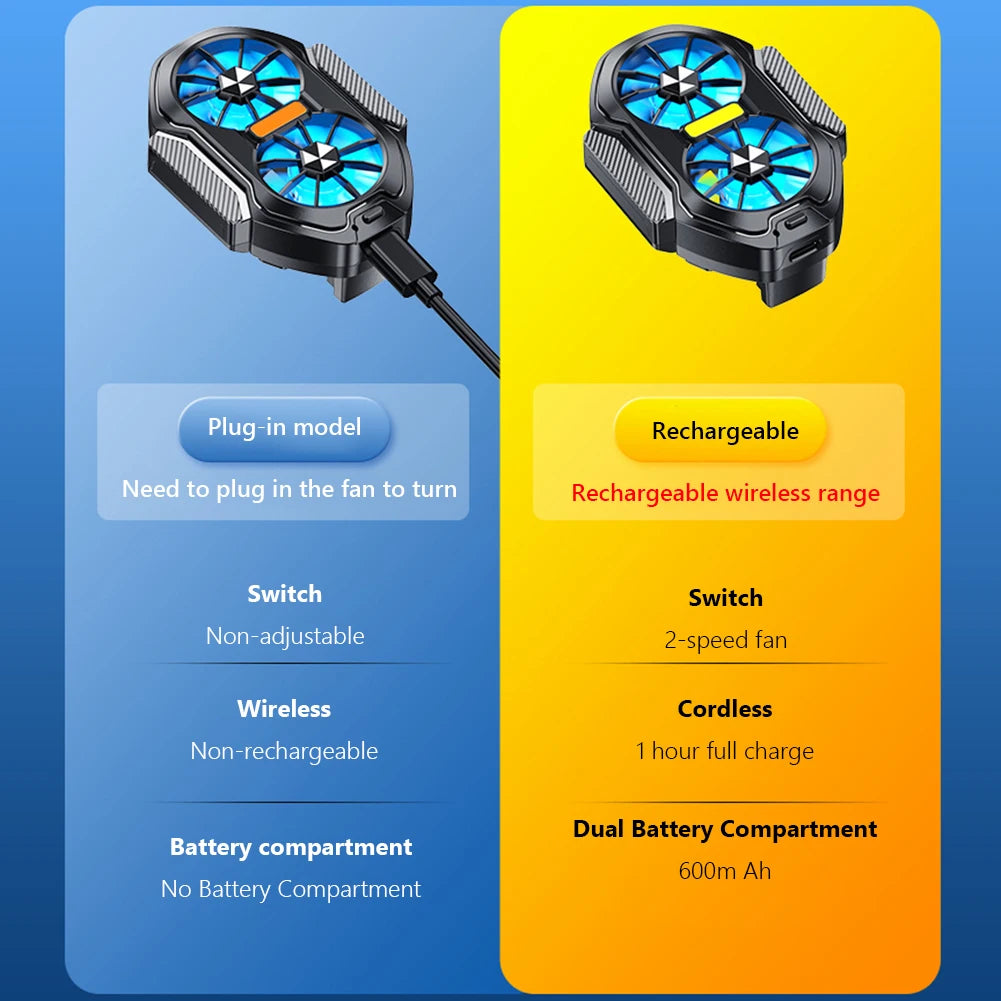 Dual Fan Mobile Phone Cooler Plug-in/Rechargeable Cell Phone Cooling Fan Type-C with Blue Light for Android Smartphones iPhone