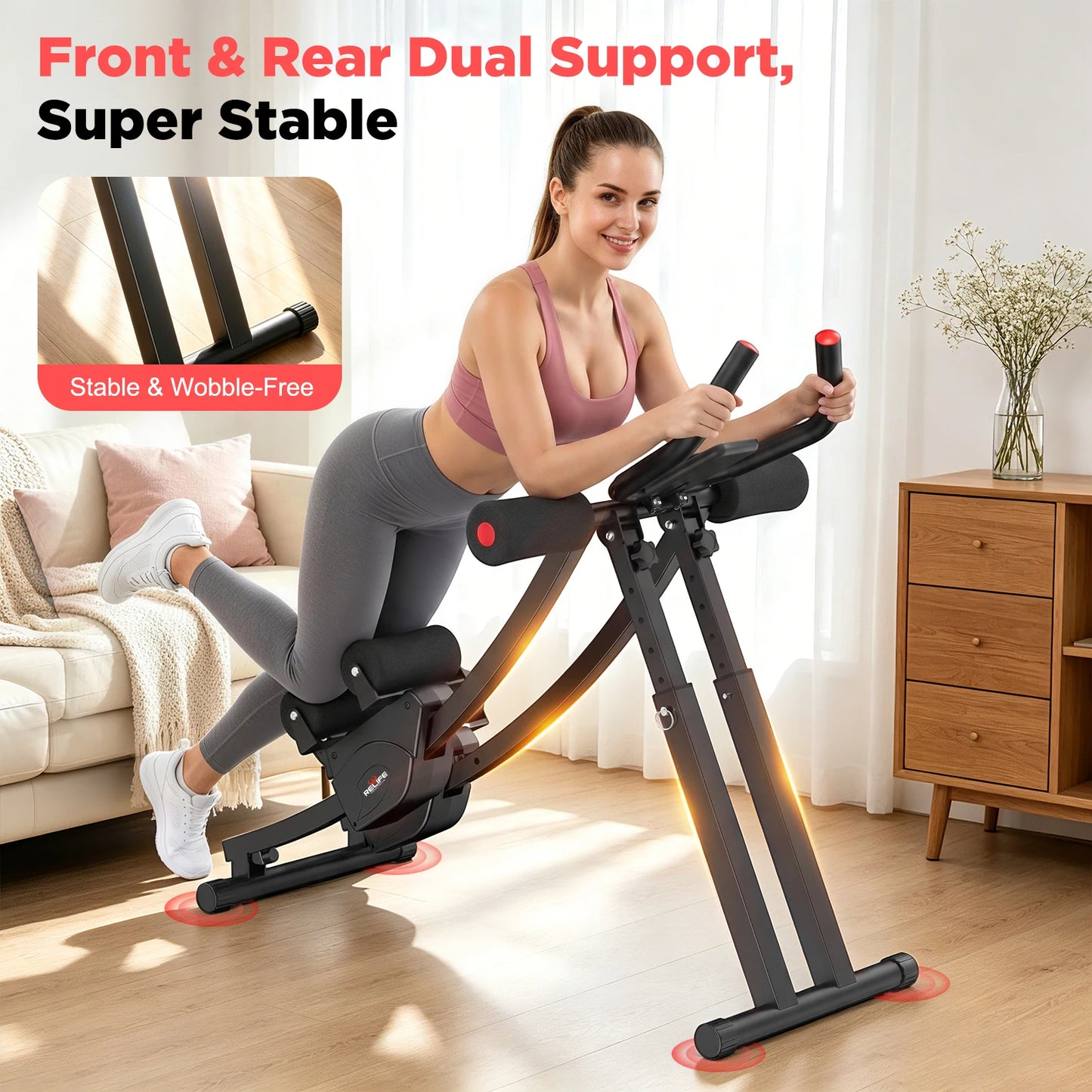 Relife Sports Dual Split‑Track Ab Machine, Foldable Core Trainer for Home Fitness, 5‑Level Adjustable Resistance Workout Equipment, 440 LBS Capacity with LCD Display