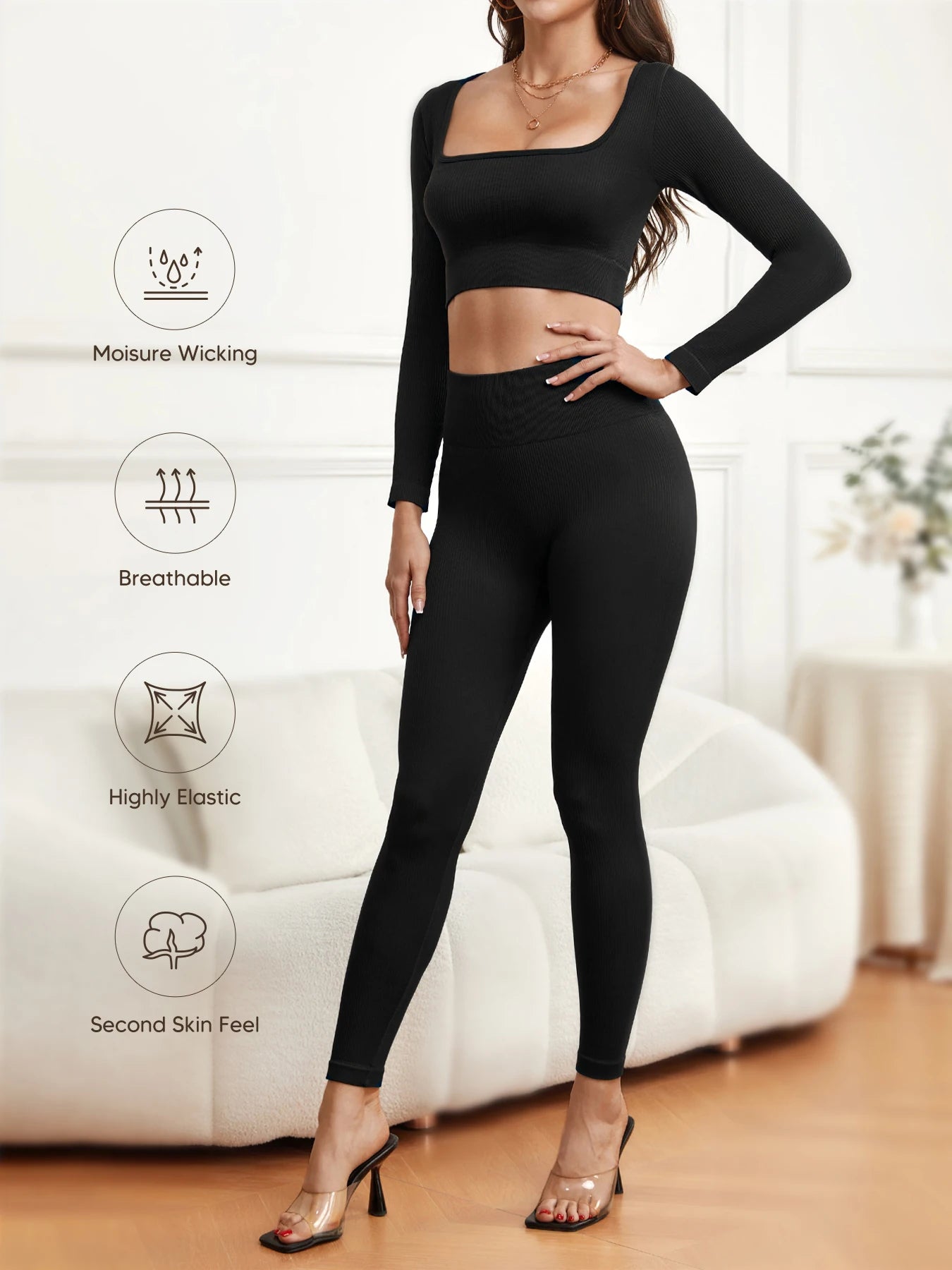 Women Workout Sets 2 Pieces Long Sleeve Yoga Outfits Gym Clothes Seamless Ribbed Crop Top High Waist Leggings
