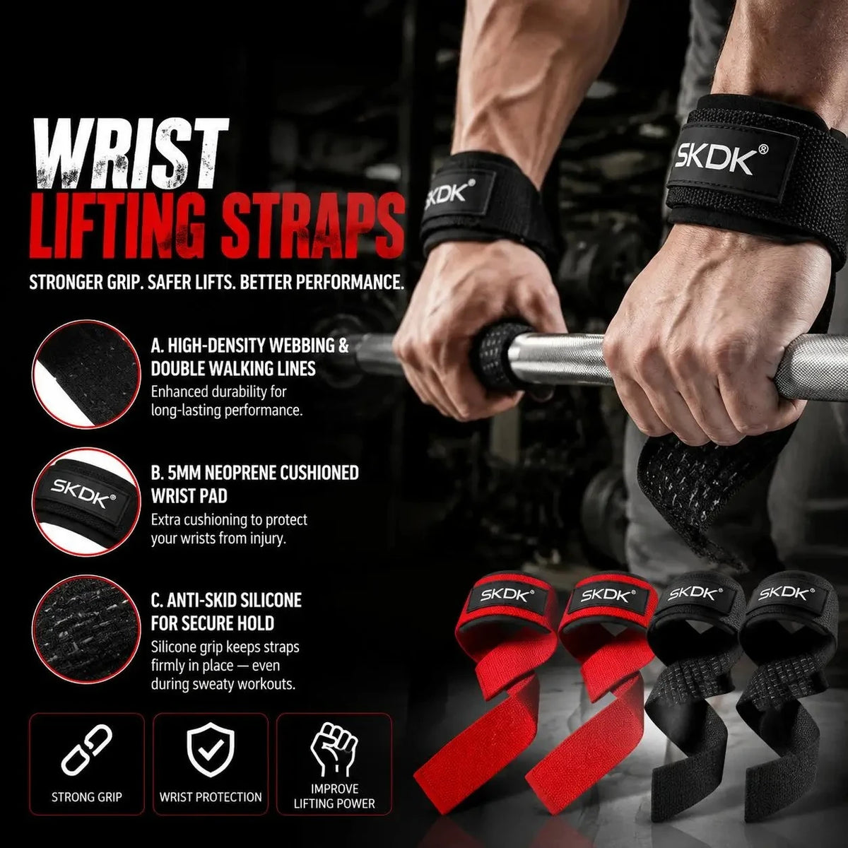 Heavy Duty Padded Wrist Lifting Straps for Deadlift and Weightlifting